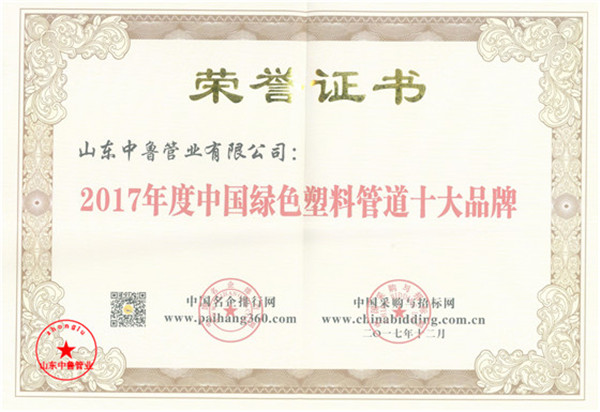 2017年度中国绿色管道十大品牌pg电子网的荣誉证书